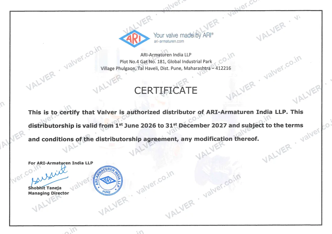 Watermarked certificate issued by ARI-Armaturen India LLP certifying VALVER as an authorized distributor, valid 1 June 2026 to 31 December 2027